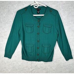 New York & Company Womens Sweater Medium Cardigan Green Button V-Neck